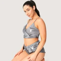 Women's Lounge Satin Cami & Short Set - Grey -Online Clothing Store Playboy MG Lounge Satin Cami Short Set Slate Grey 2352